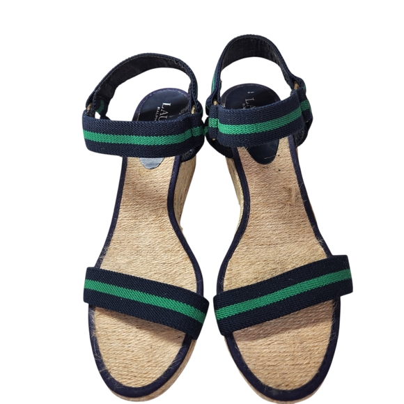 Lauren Ralph Lauren Ilene Espadrille Wedge Sandal Size 9 Navy Green Stripe 3" - Picture 3 of 10